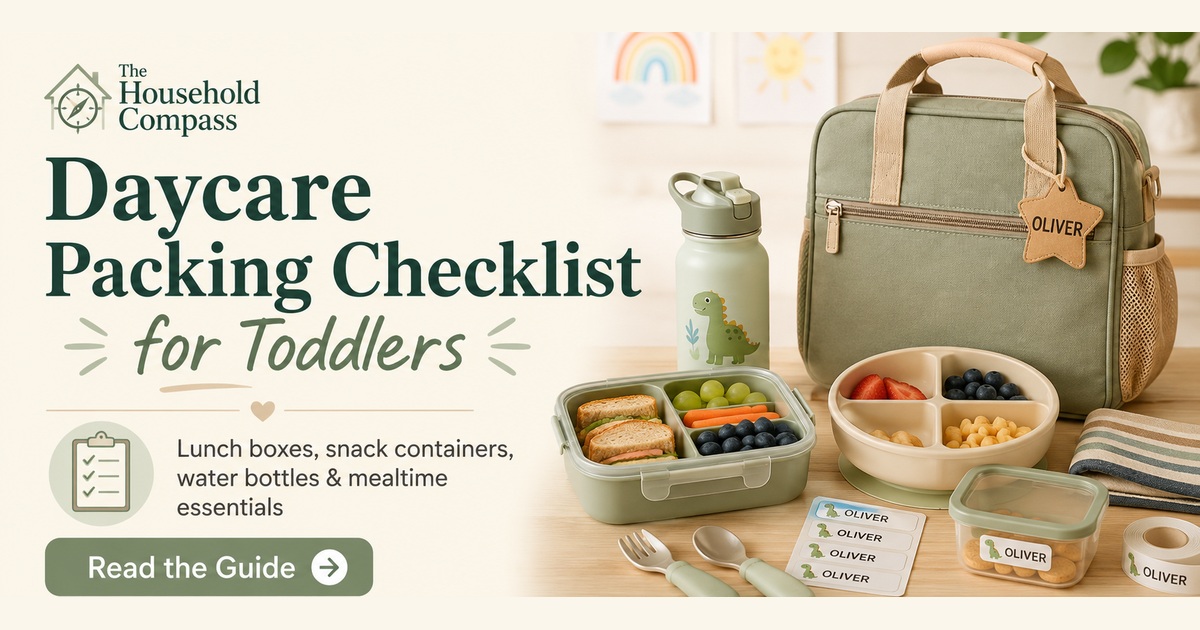 Daycare packing checklist for toddlers with lunch boxes, snack containers, water bottles, labels, and mealtime essentials