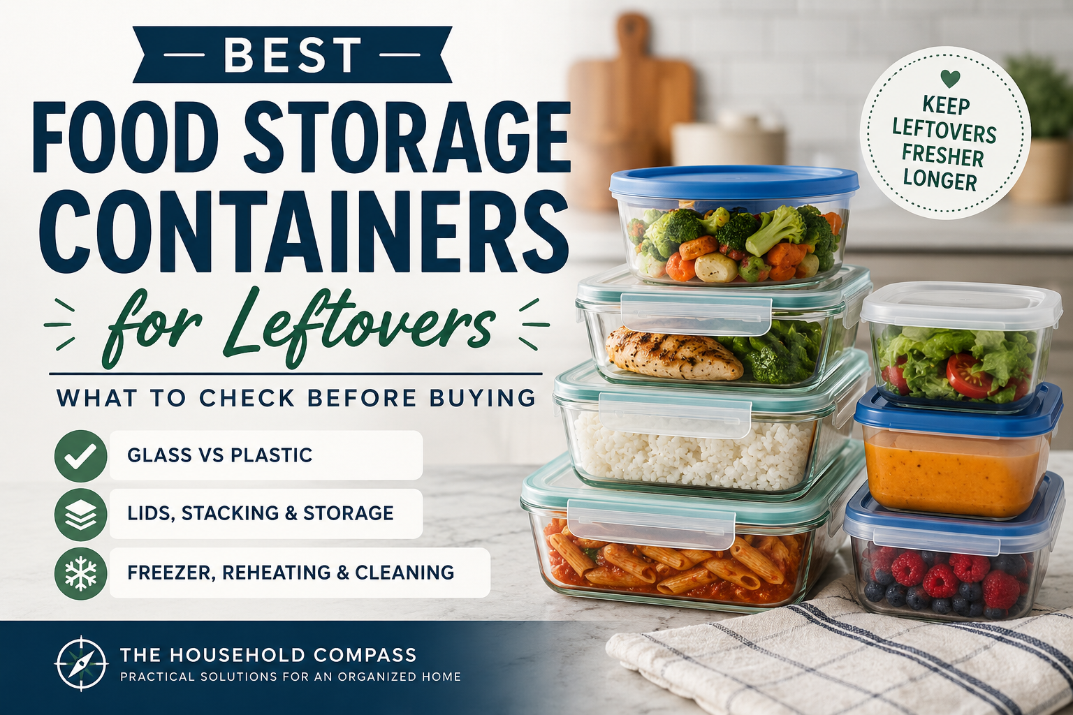 Compare food storage containers for leftovers by material, lids, leak resistance, stacking, cleaning, freezer use, reheating, and kitchen storage.